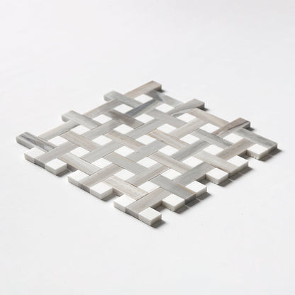 Skyline, Snow White Polished Basket Weave 1x3 Marble Mosaic