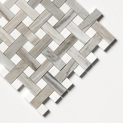 Skyline, Snow White Polished Basket Weave 1x3 Marble Mosaic