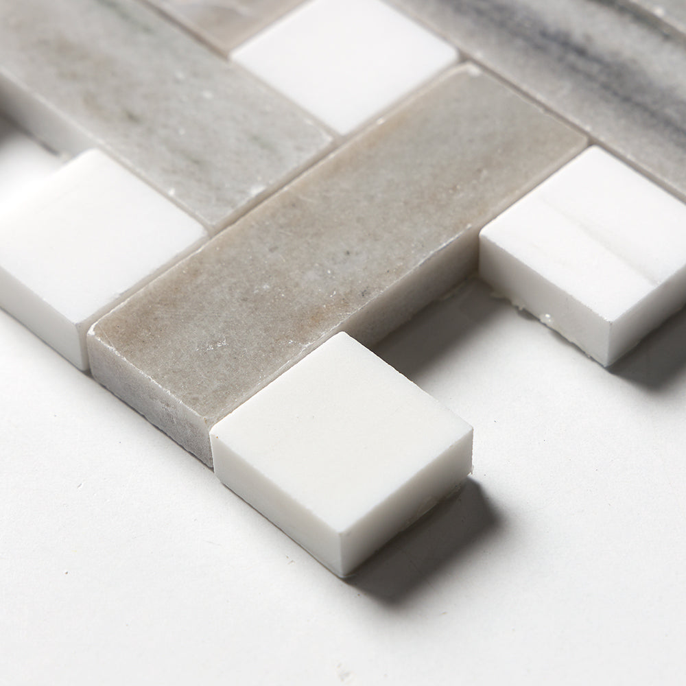 Skyline, Snow White Polished Basket Weave 1x3 Marble Mosaic