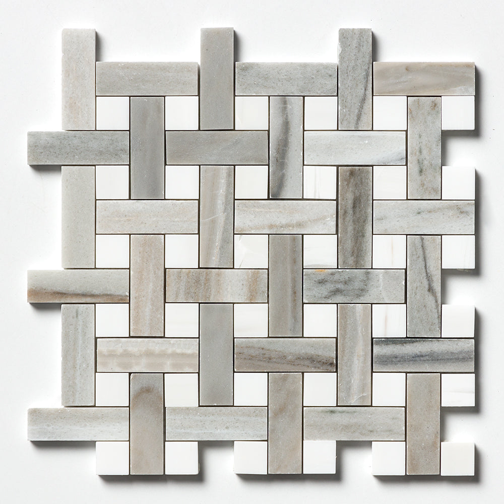 Skyline, Snow White Polished Basket Weave 1x3 Marble Mosaic