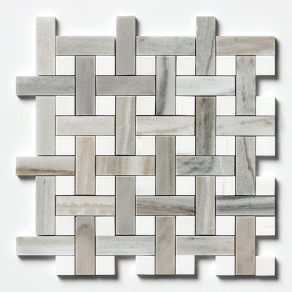 Skyline, Snow White Polished Basket Weave 1x3 Marble Mosaic
