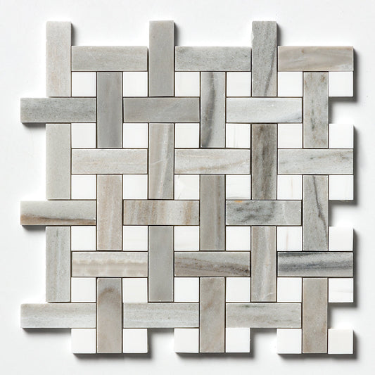 Skyline, Snow White Polished Basket Weave 1x3 Marble Mosaic