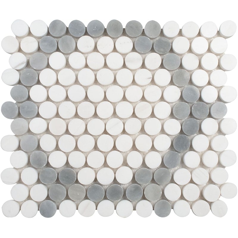 Bianco Dolomiti, Bardiglio Light Honed Penny Round 7 Marble Mosaic