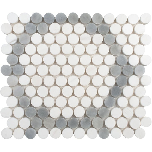 Bianco Dolomiti, Bardiglio Light Honed Penny Round 7 Marble Mosaic