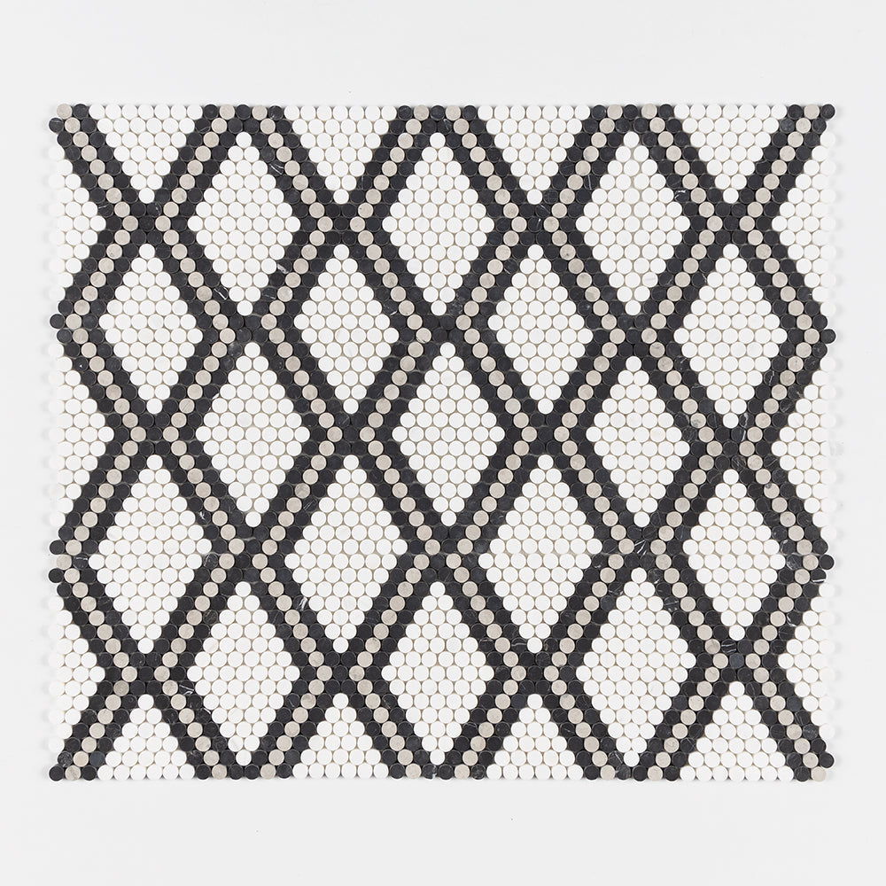 Black, Thala Gray, Bianco Dolomiti Honed Penny Round Diamond 1 Marble Mosaic