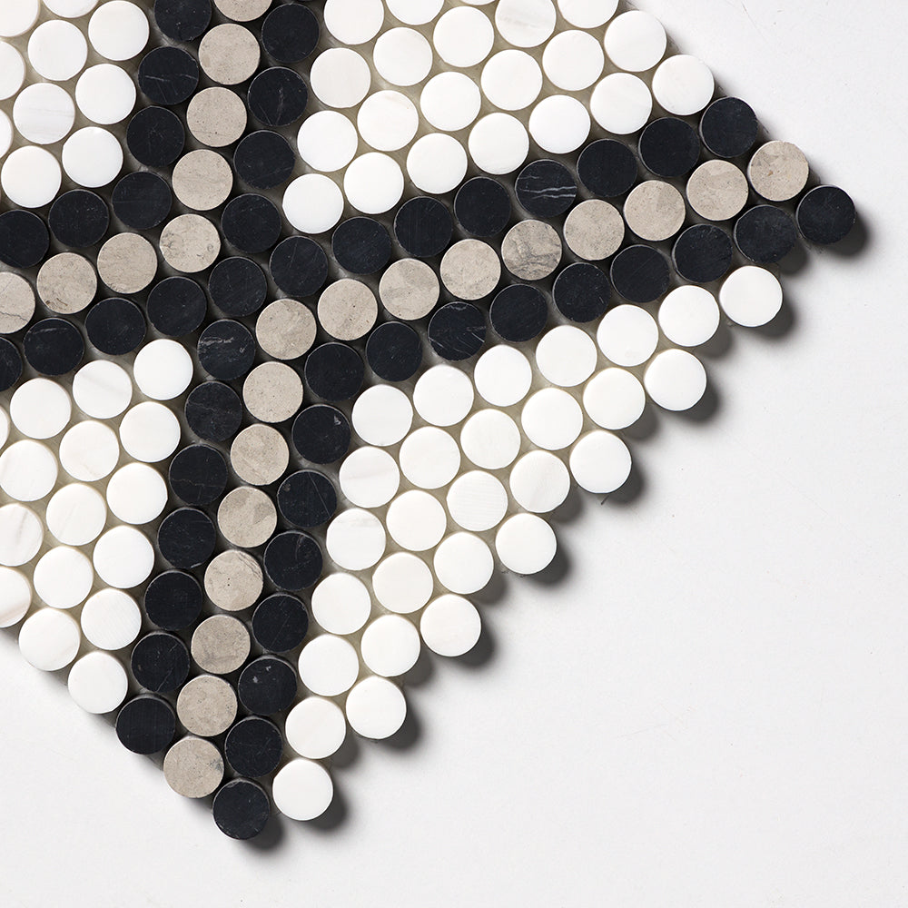 Black, Thala Gray, Bianco Dolomiti Honed Penny Round Diamond 1 Marble Mosaic