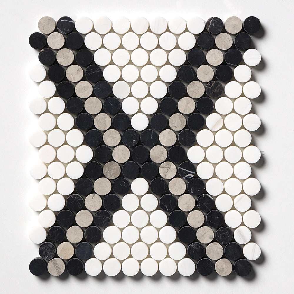 Black, Thala Gray, Bianco Dolomiti Honed Penny Round Diamond 1 Marble Mosaic