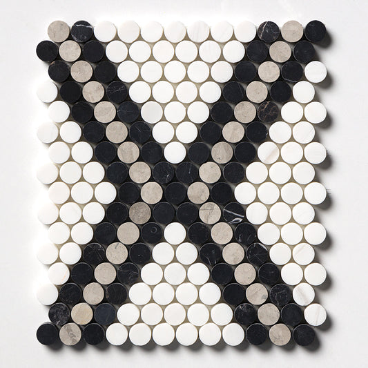 Black, Thala Gray, Bianco Dolomiti Honed Penny Round Diamond 1 Marble Mosaic