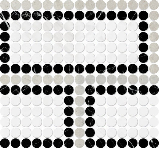 Black, Thala Gray, Bianco Dolomiti Honed Penny Round Offset 1 Marble Mosaic