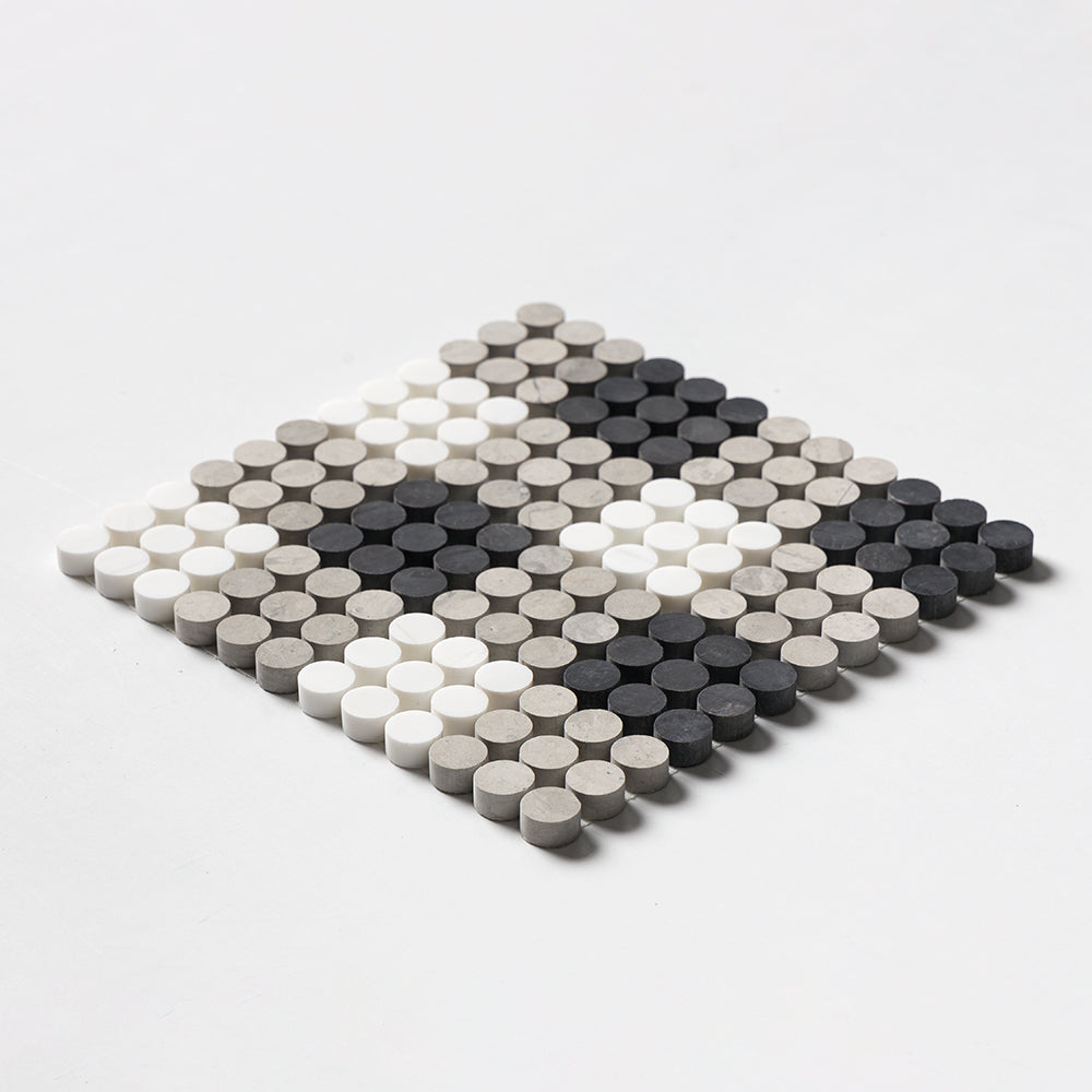 Black, Thala Gray, Bianco Dolomiti Honed Penny Round Plaid 1 Marble Mosaic
