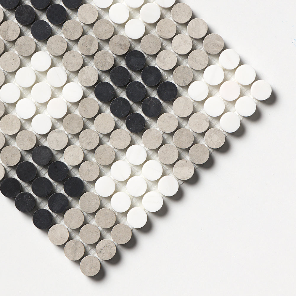 Black, Thala Gray, Bianco Dolomiti Honed Penny Round Plaid 1 Marble Mosaic