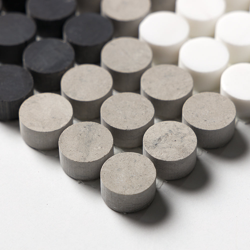 Black, Thala Gray, Bianco Dolomiti Honed Penny Round Plaid 1 Marble Mosaic