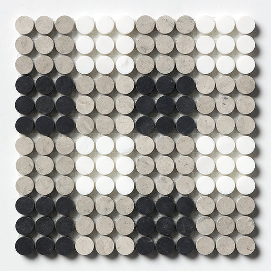 Black, Thala Gray, Bianco Dolomiti Honed Penny Round Plaid 1 Marble Mosaic
