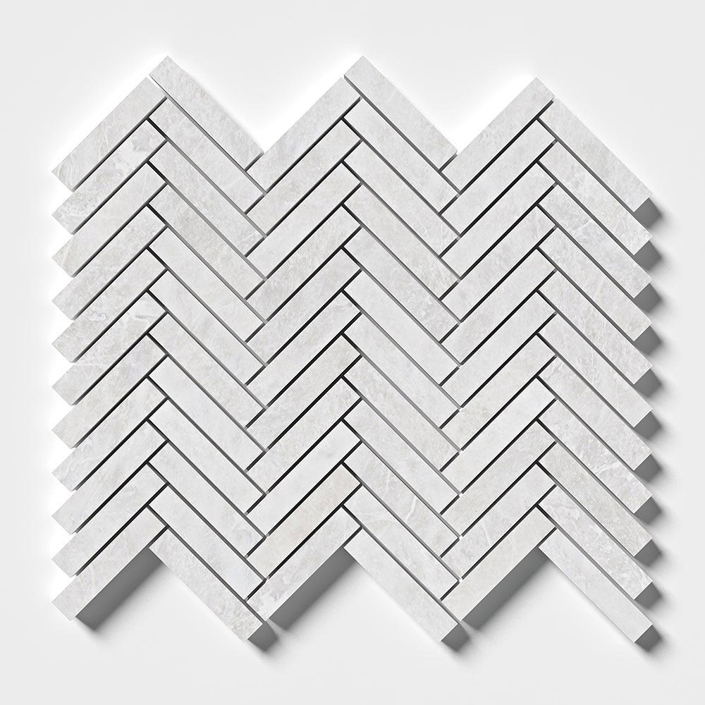 Siberian White Honed Herringbone Marble Mosaic