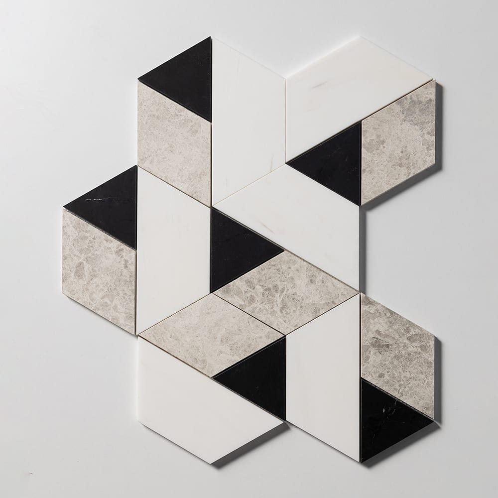 Snow White, Black, Silver Shadow Honed Prismatic Blend Marble Mosaic