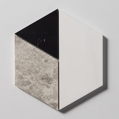 Snow White, Black, Silver Shadow Honed Prismatic Blend Marble Mosaic