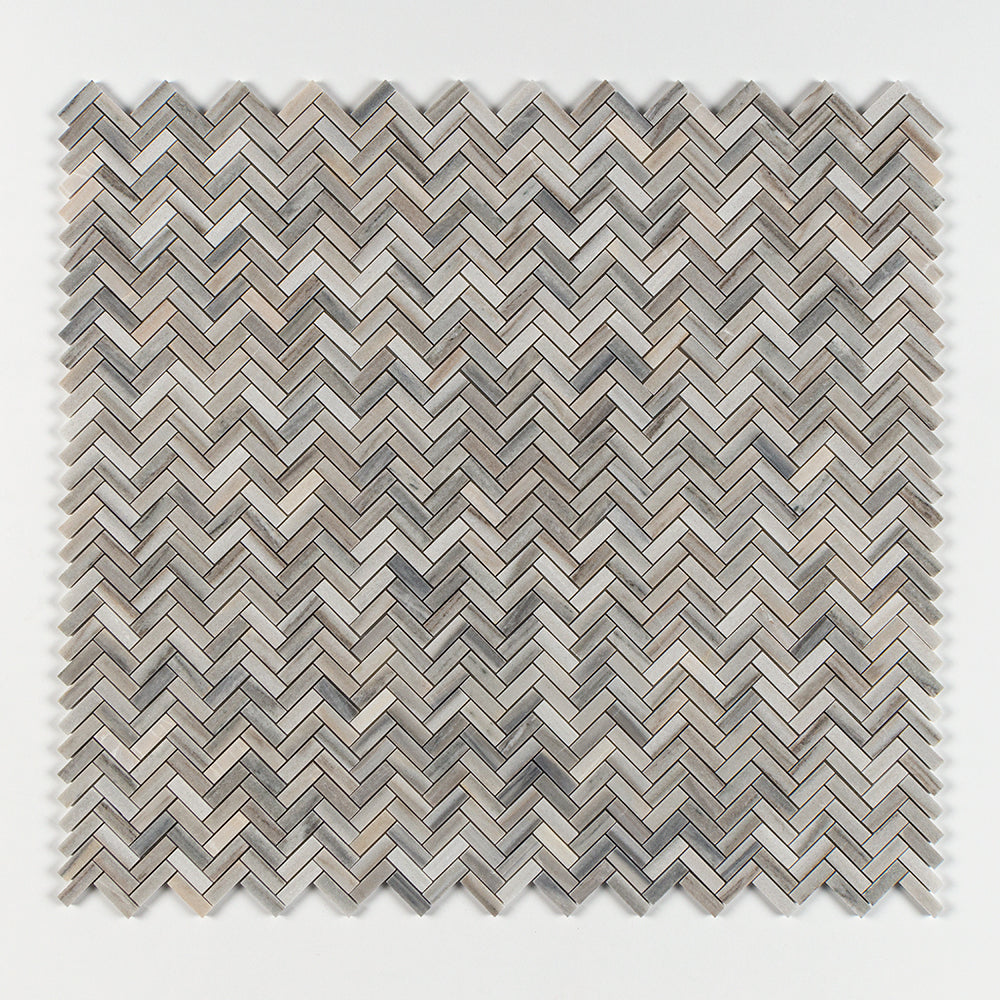 Silver Sky Honed Herringbone Marble Mosaic