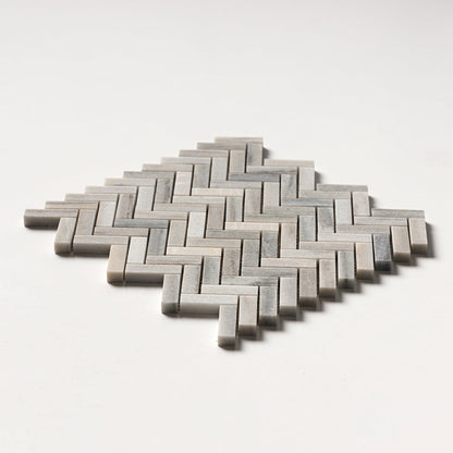 Silver Sky Honed Herringbone Marble Mosaic