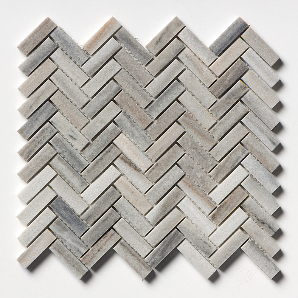 Silver Sky Honed Herringbone Marble Mosaic