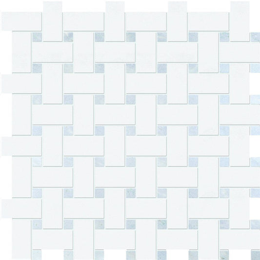 Thassos White&blue Celeste Polished Basket Weave Marble Mosaic
