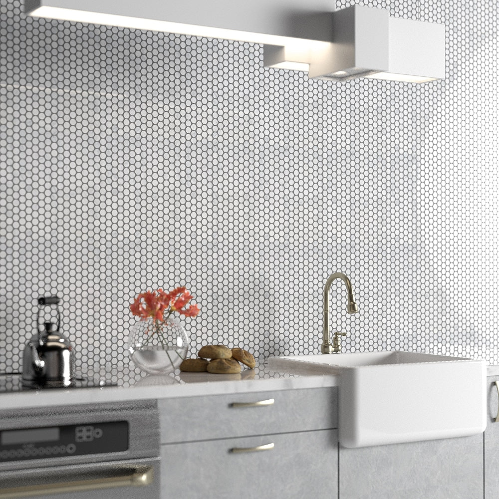 Bella White Polished Penny Round Marble Mosaic
