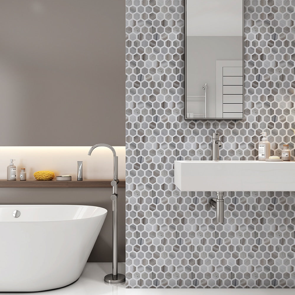 Thassos, Silver Sky Polished Favo Marble Mosaic