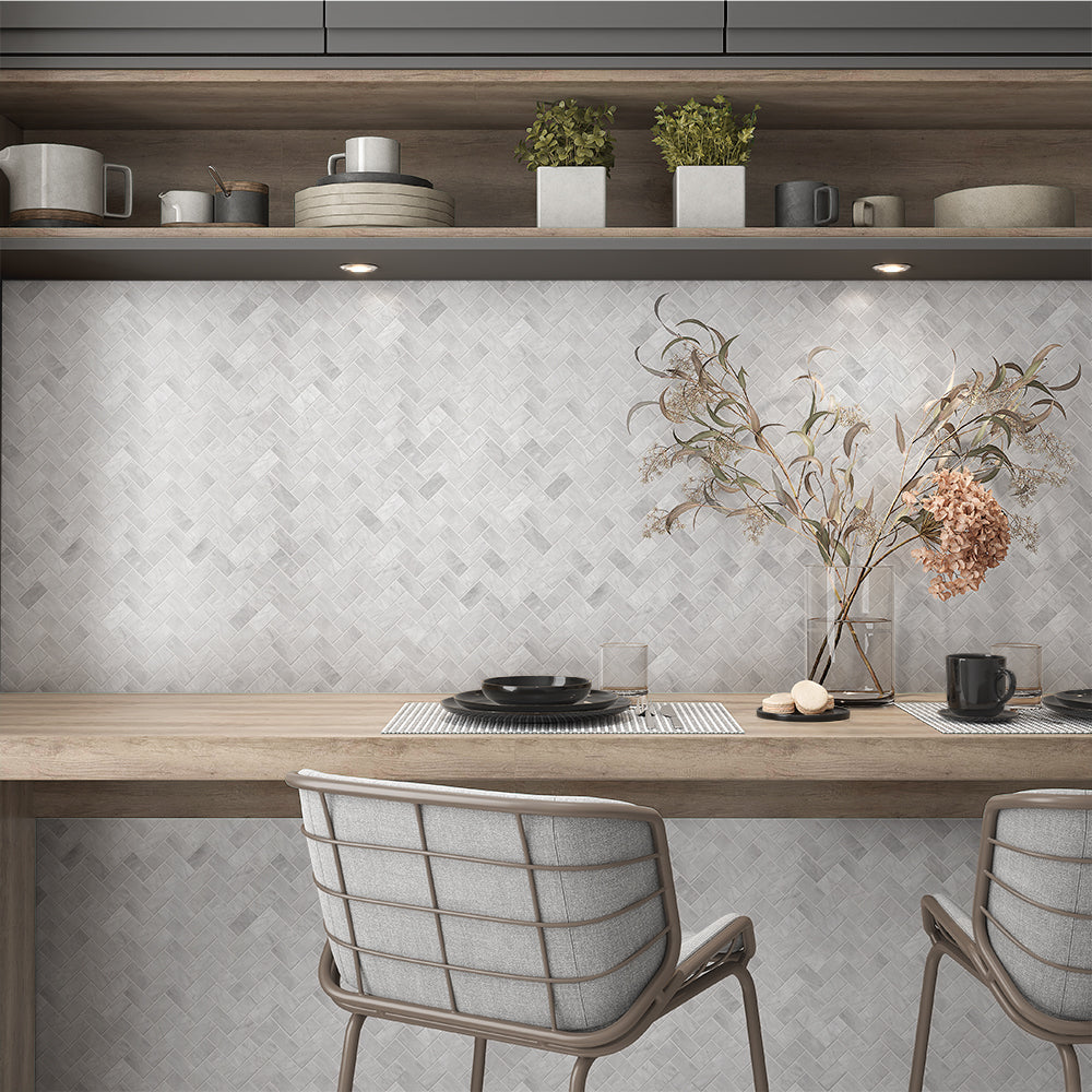 Italian Carrara Honed Herringbone Marble Mosaic