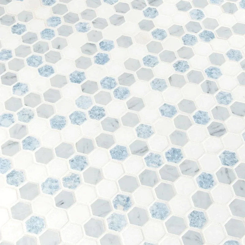 MSI-Azula-hexagon-11.61X11.81-polished-marble-mosaic-tile-SMOT-AZULA-1HEXP-multiple-tiles-angle-view.