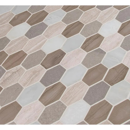 MSI-Bellagio-blend-elongated-hexagon-11.63X12-honed-marble-mosaic-tile-SMOT-BELBLND-HEXEL10MM-multiple-tiles-angle-view.