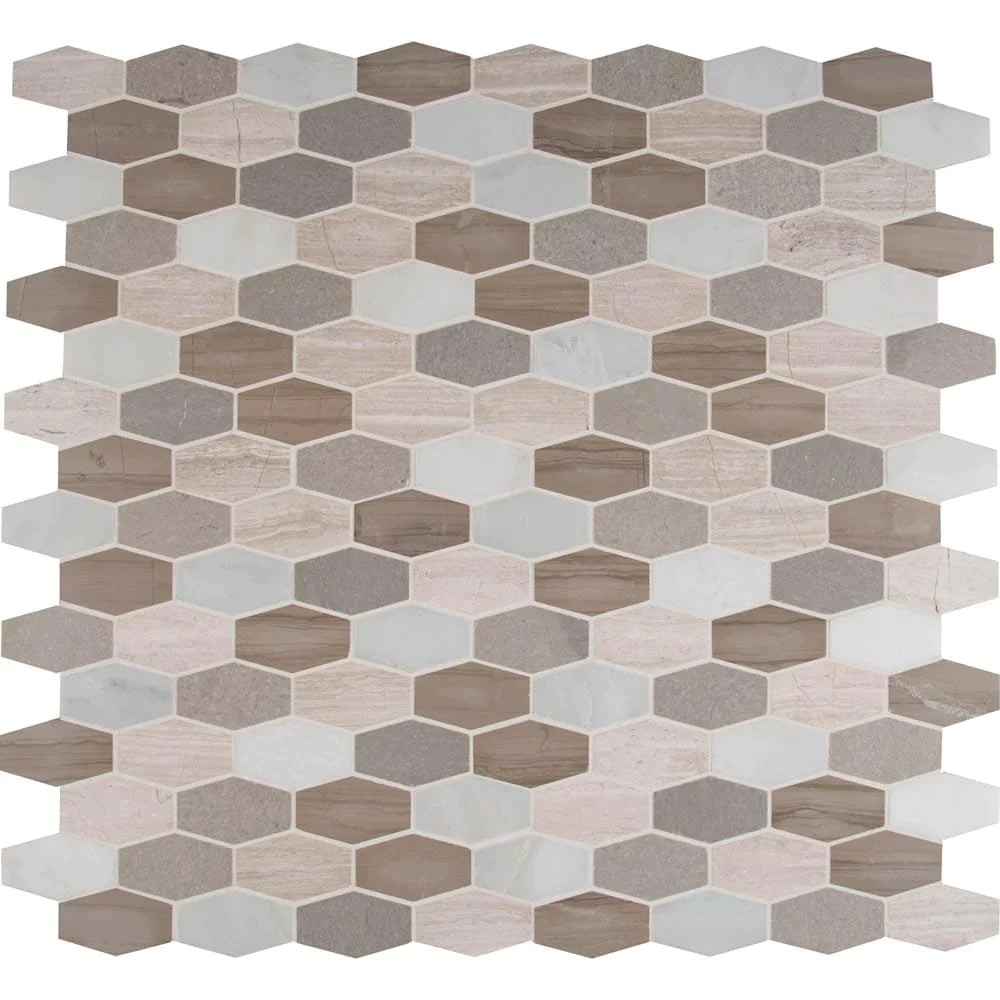 MSI-Bellagio-blend-elongated-hexagon-11.63X12-honed-marble-mosaic-tile-SMOT-BELBLND-HEXEL10MM-multiple-tiles-top-view.