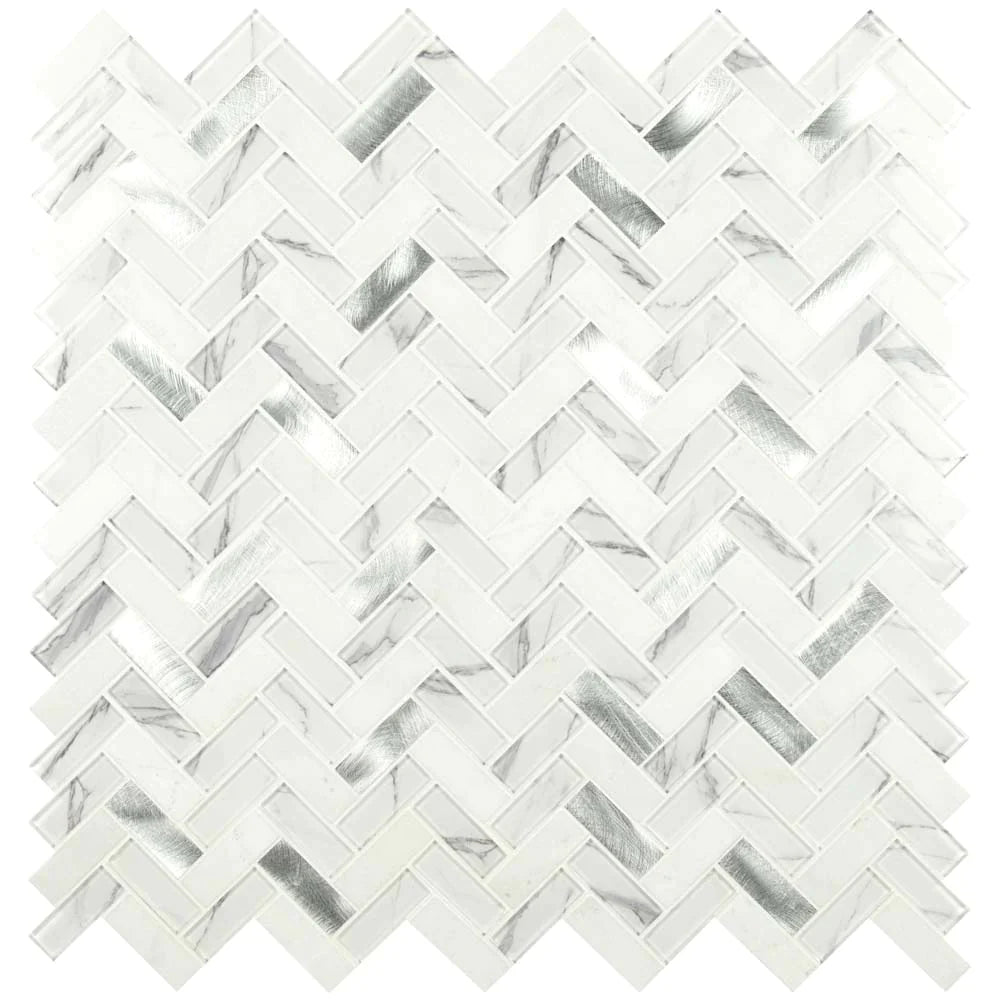 MSI Bytle Bianco Herringbone Glass and Metal Blend Mosaic Tile 12"x12"