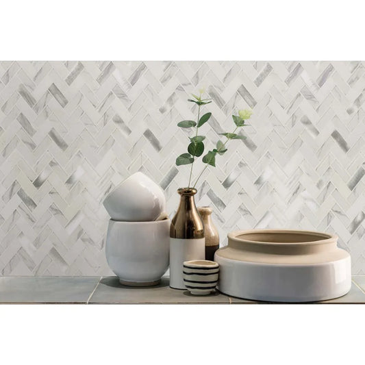 MSI Bytle Bianco Herringbone Glass and Metal Blend Mosaic Tile 12"x12"