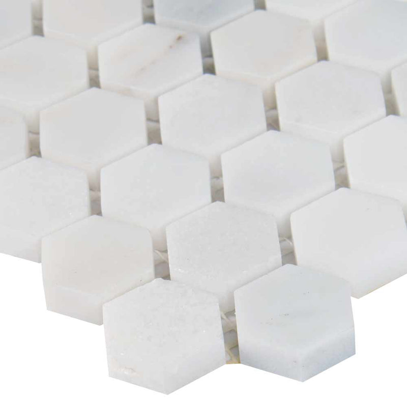 MSI Greecian white 1 inch hexagon 11.61X11.81 polished marble mosaic tile SMOT GRE 1HEXP edge view