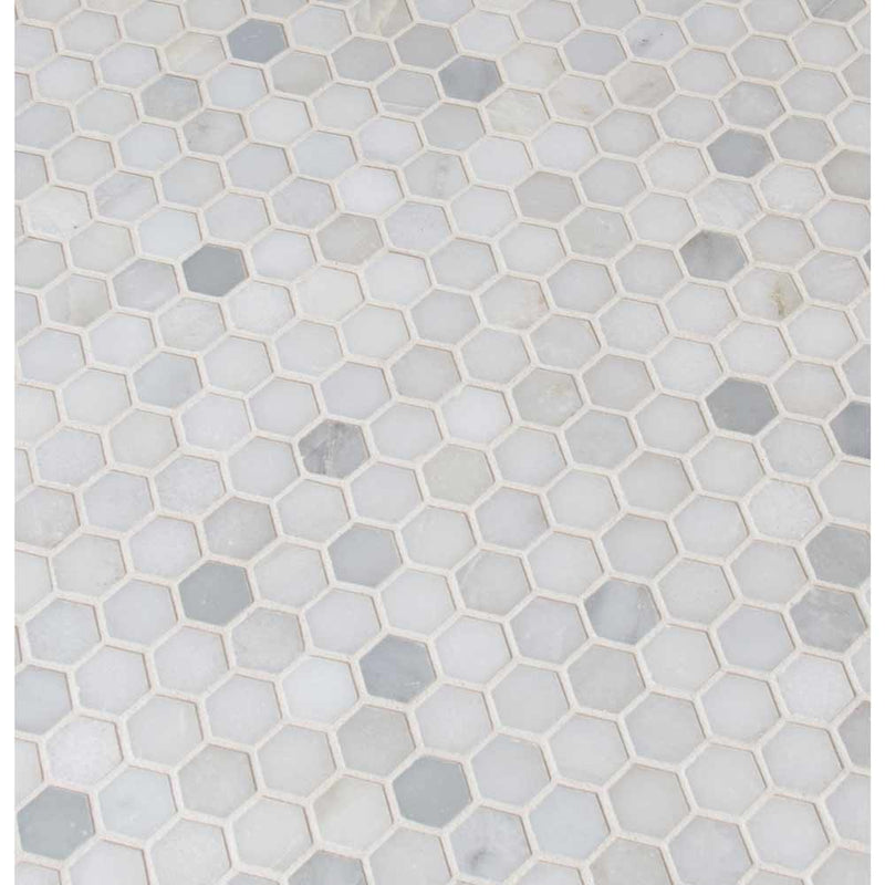 MSI Greecian white 1 inch hexagon 11.61X11.81 polished marble mosaic tile SMOT GRE 1HEXP multiple tiles angle view