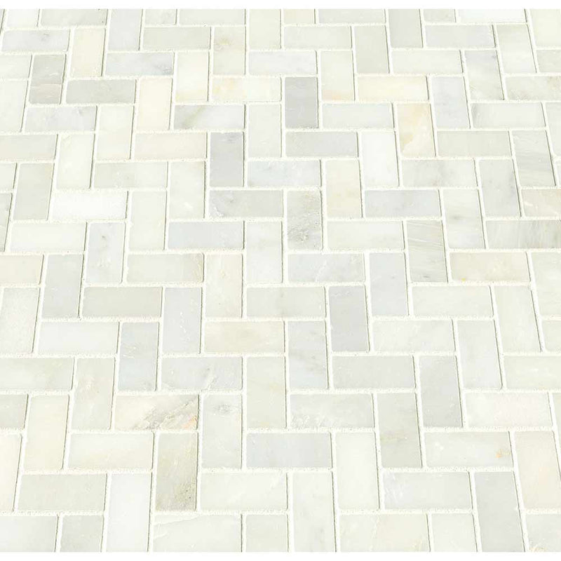 MSI Greecian white 1x2 inch herringbone pattern 11.63X11.63 polished marble mosaic tile SMOT GRE HBP angle view