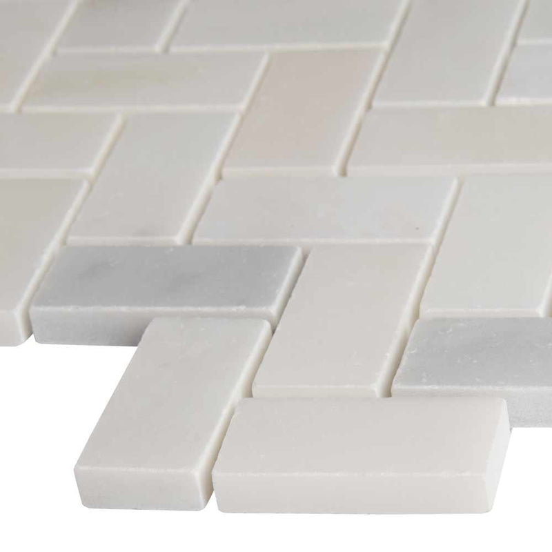 MSI Greecian white 1x2 inch herringbone pattern 11.63X11.63 polished marble mosaic tile SMOT GRE HBP edge view