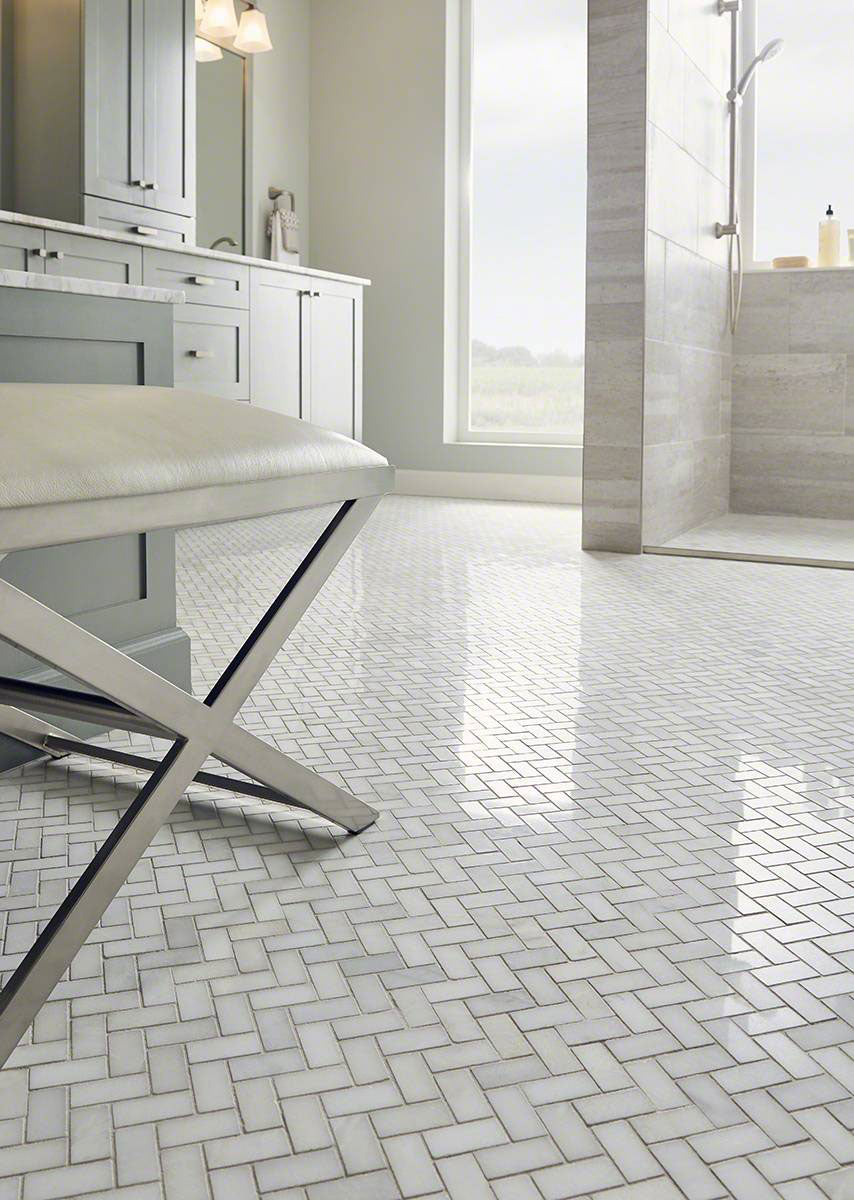 MSI Greecian white 1x2 inch herringbone pattern 11.63X11.63 polished marble mosaic tile SMOT GRE HBP roomscene