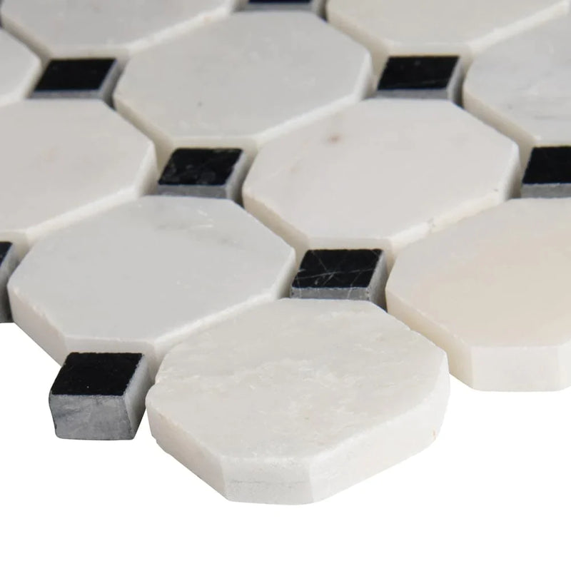 MSI Greecian white 2 inch octagon 12X12 polished marble mosaic tile THDW1 SH GWO edge view.