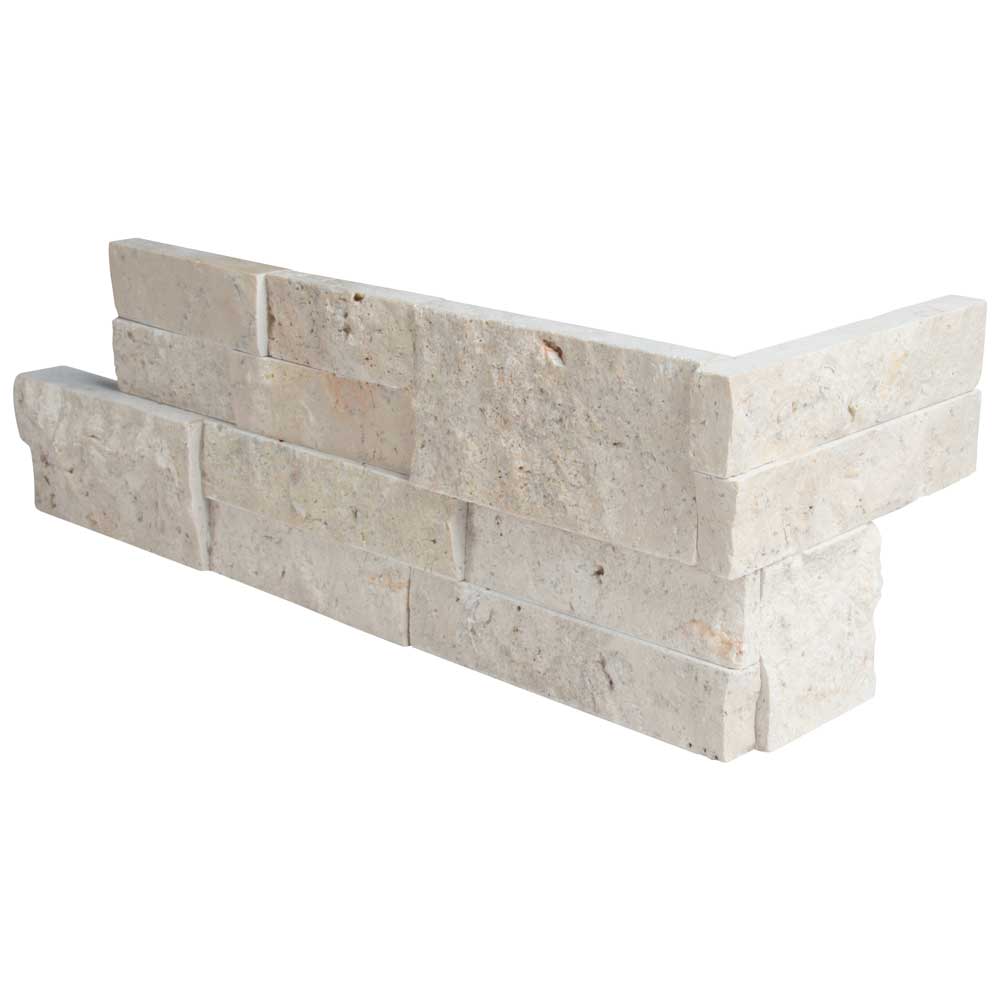 MSI Roman beige splitface travertine ledger panel corner 6X18 LPNLTROMBEI618COR front view