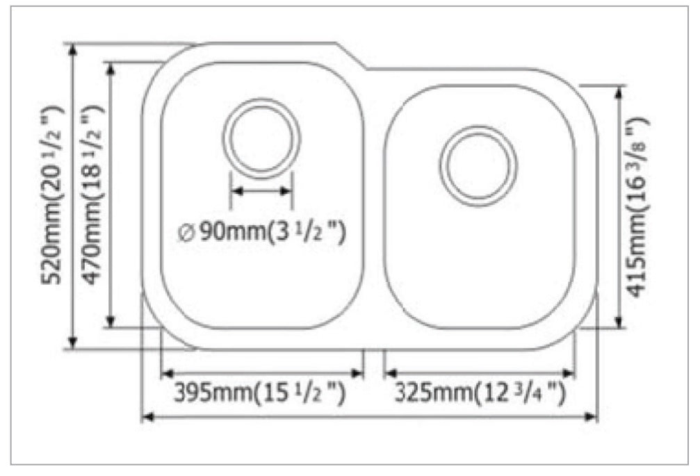 MSI asymetric doublebowl stainless steel sink SIN 18 DBLBWL 6040 3120S draw