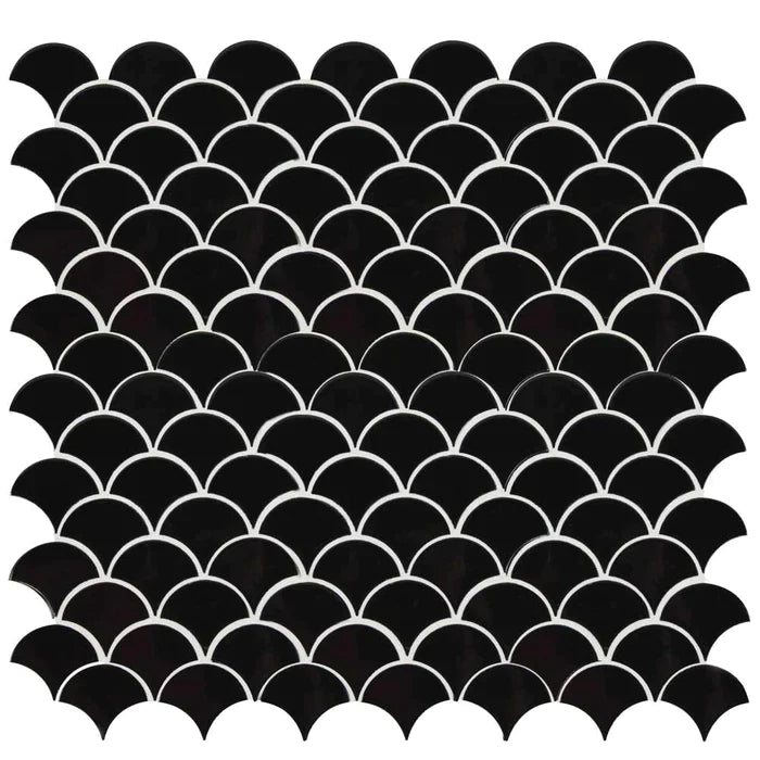 MSI Black Glossy Scallop Porcelain Backsplash Mosaic Tile - Domino Collection