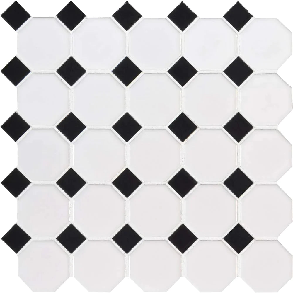 MSI White & Black Glossy Octagon Porcelain Mosaic Tile - Domino Collection