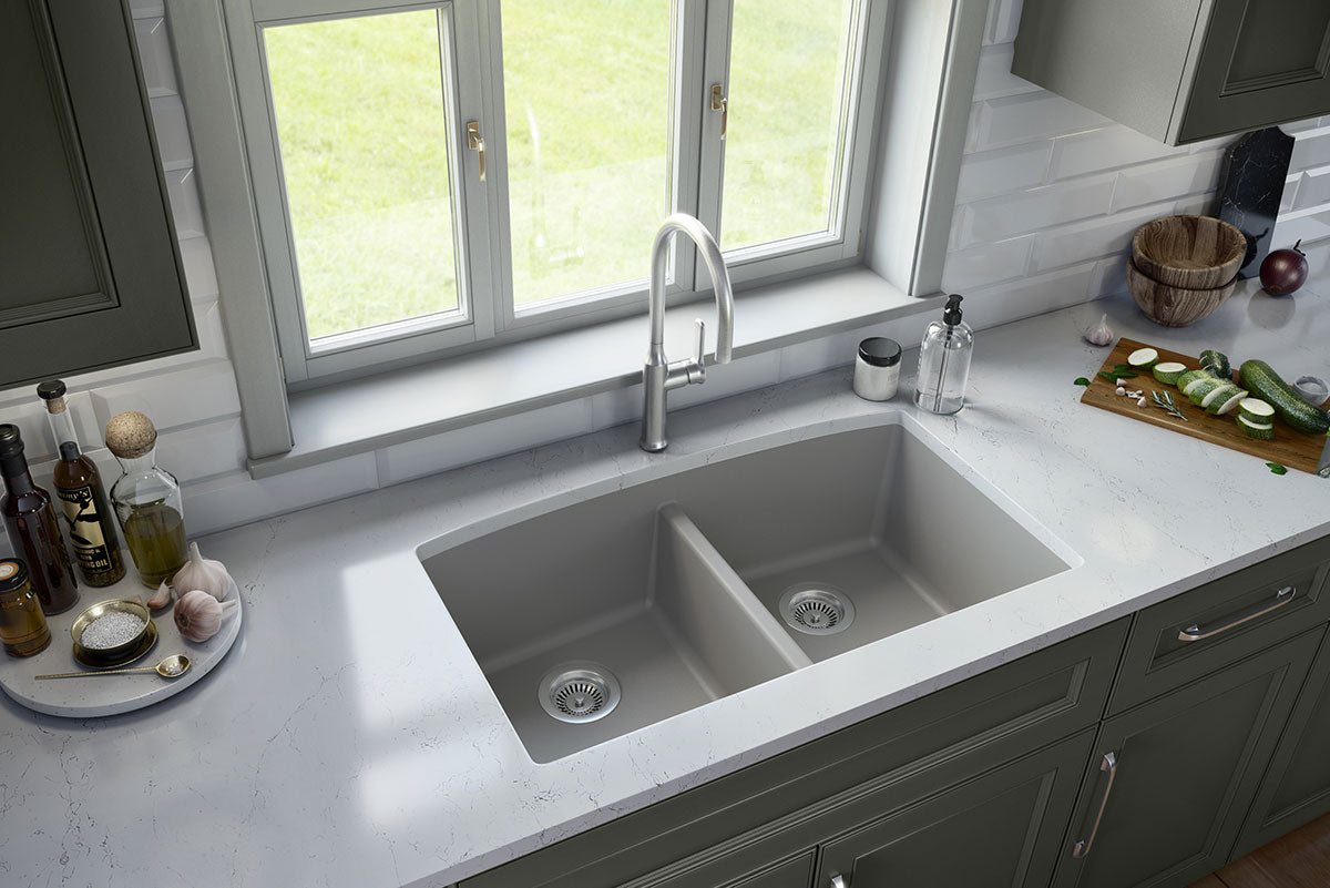 MSI grey quartz doublebowl sink SIN QTZ DBLBWL 5050 3219 GRY roomscene