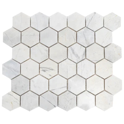 Palia White Polished Dolomite 2" Hexagons on 12" x 12" Mesh Mosaic Tile