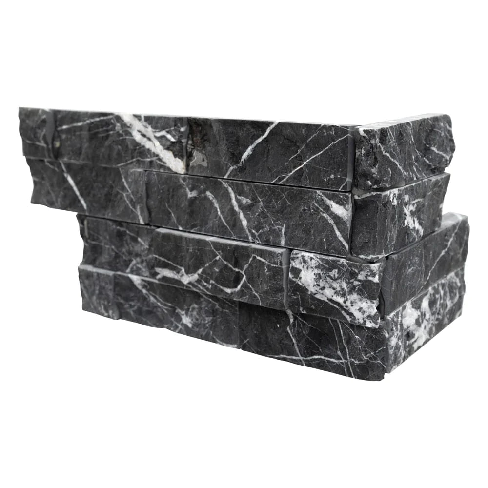 Marquin nero ledger corner 6x18 splitface marble wall tile LPNLMMARNER618COR product shot profile view