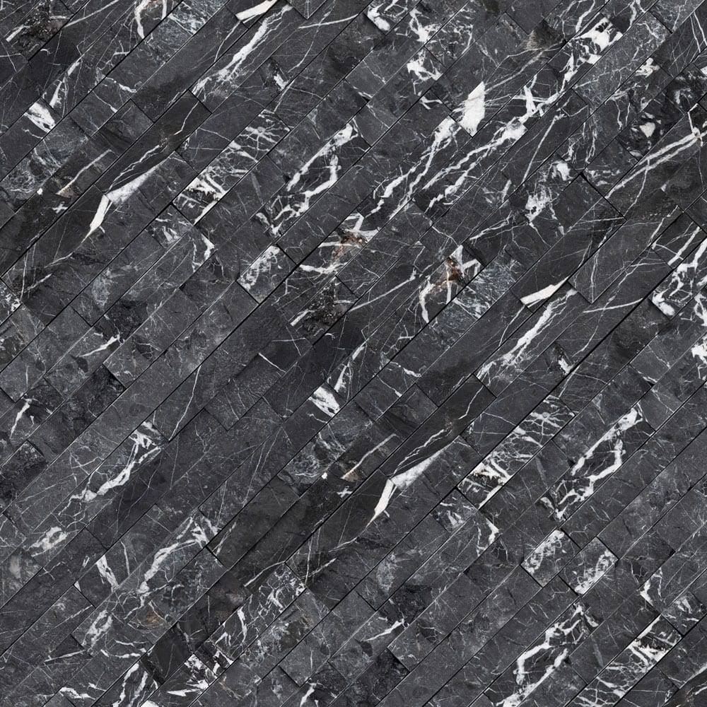 Marquina nero ledger panel 6x24 splitface marble wall tile LPNLMMARNER624 product shot angle view