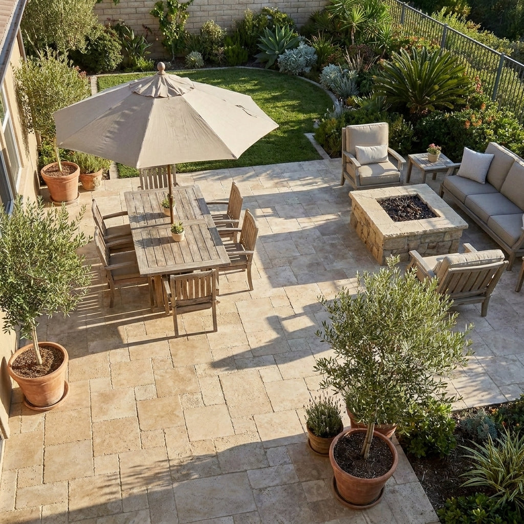 Outdoor patio with furniture, table, chairs, and a fire pit area. Meandros Walnut Travertine Pattern Pavers