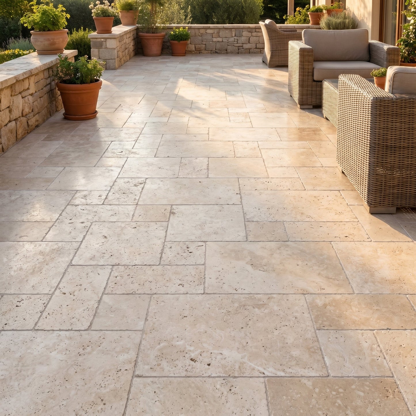 Outdoor patio with stone tiles, wicker furniture, and potted plants. Travertine Miletos Ivory Tumbled Pavers