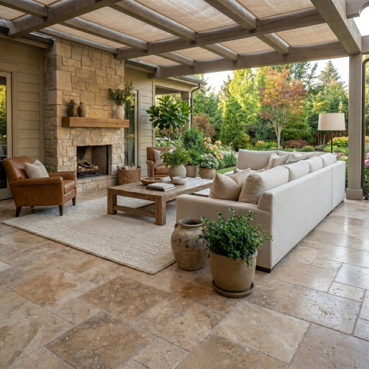 Outdoor patio with furniture, fireplace, and garden view. Mina Rustic Travertine Tumbled Pavers