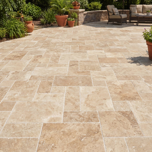 Paved patio with stone tiles, outdoor furniture, and plants in a garden setting.